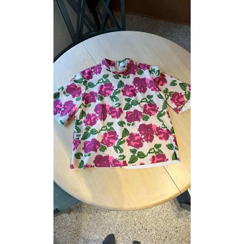 Zara Womens Studio Floral Short Sleeve Zip Back Top Size L